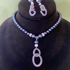 Givenchy Drop Necklace & Earrings Set - Navy Blue Crystal Pendant